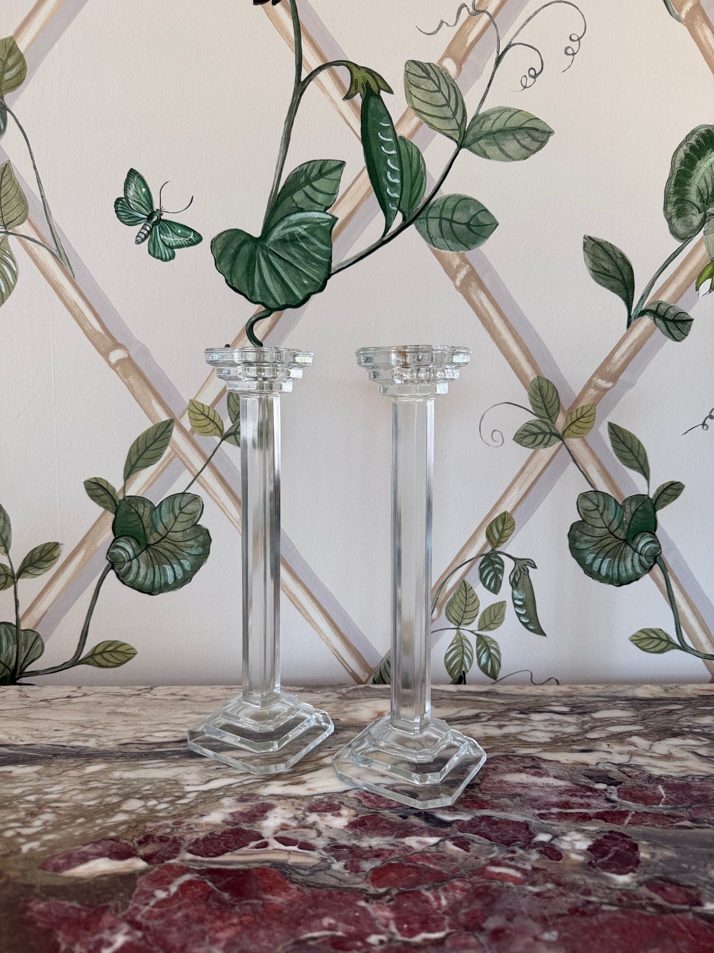 Glass Art Deco Candlestick Pair