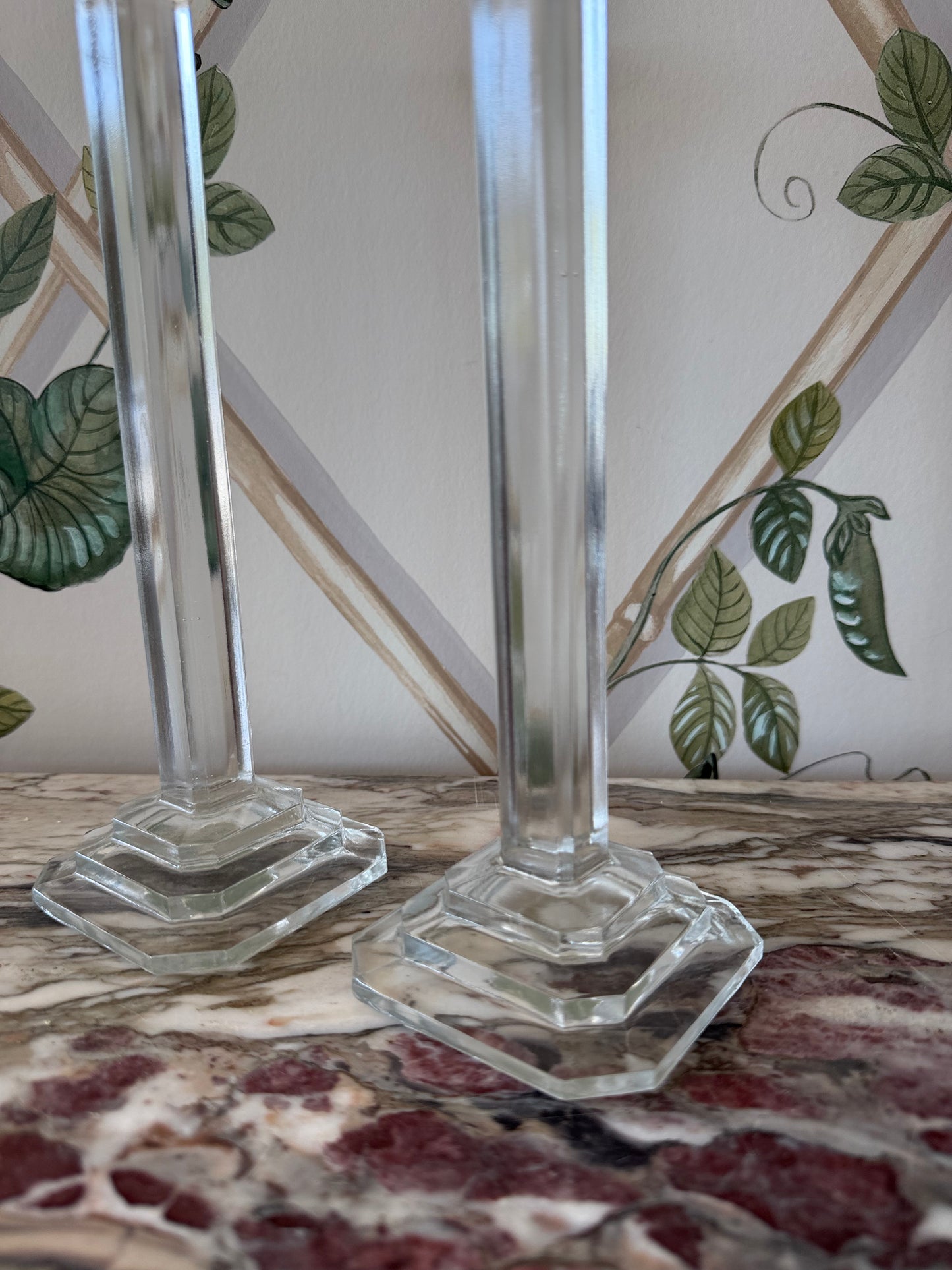 Glass Art Deco Candlestick Pair