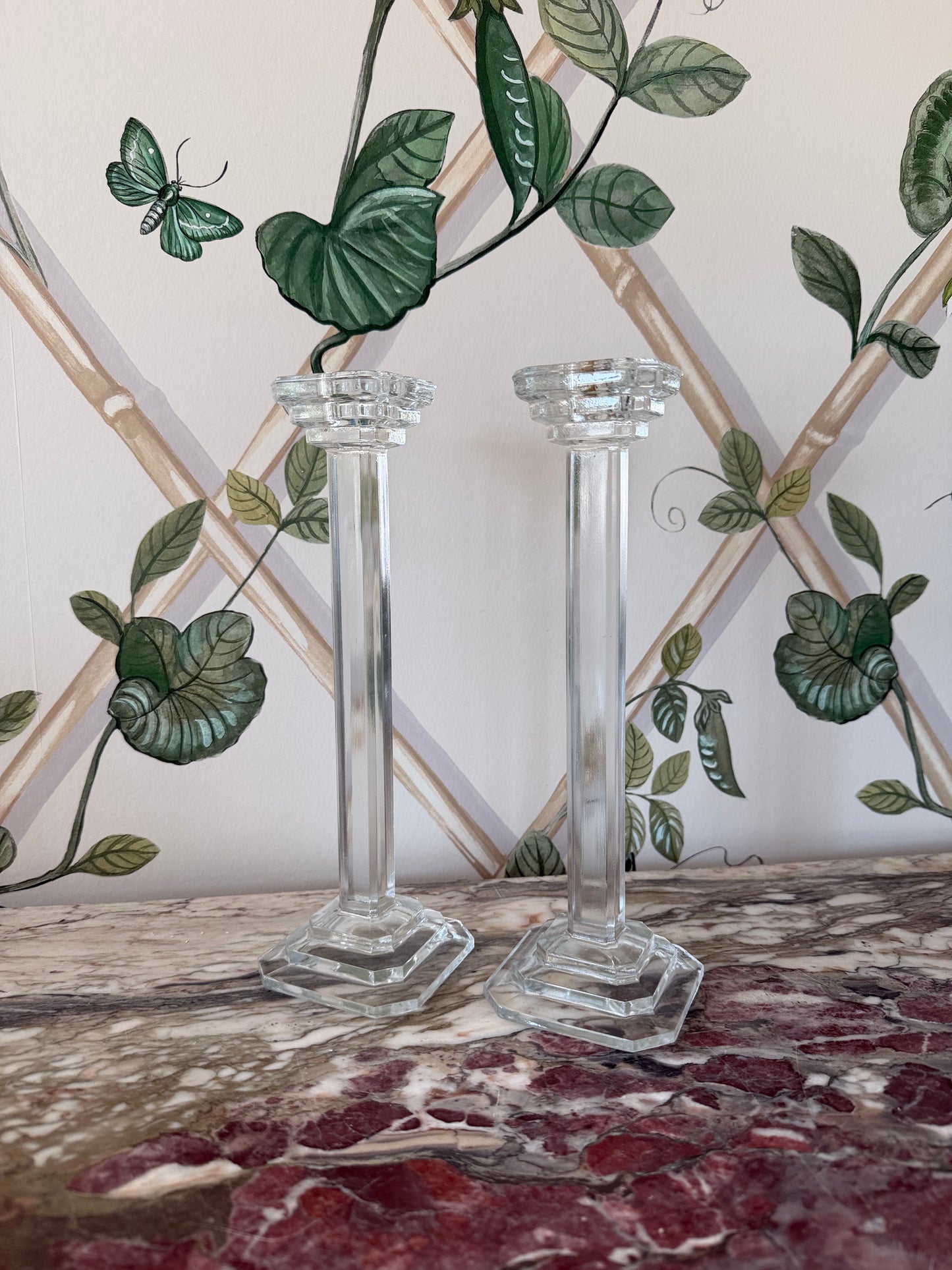 Glass Art Deco Candlestick Pair
