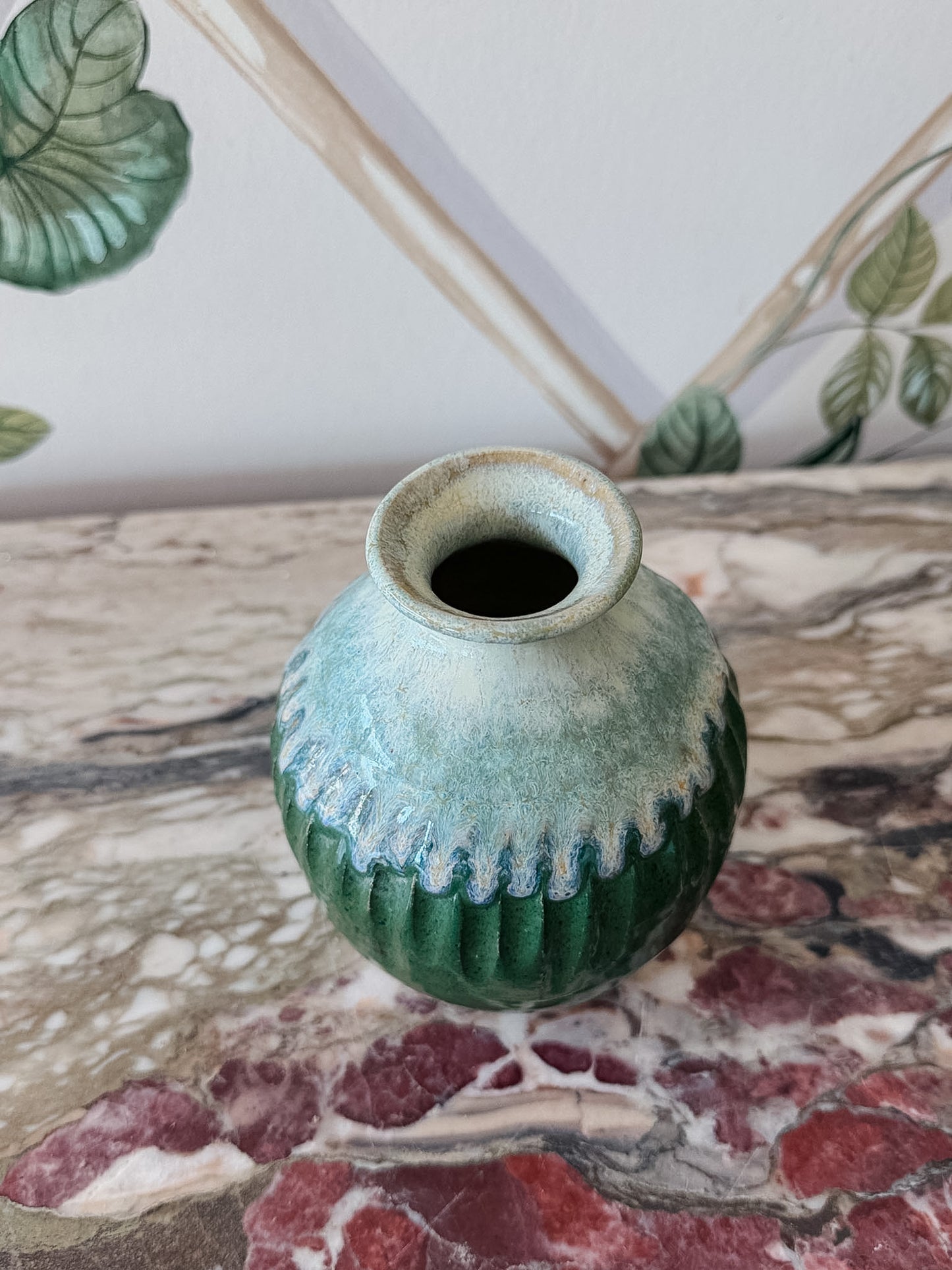 Signed Blue and Green Pottery Bud Vase