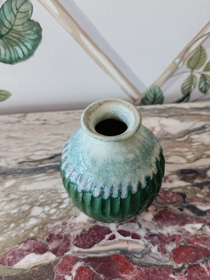 Signed Blue and Green Pottery Bud Vase