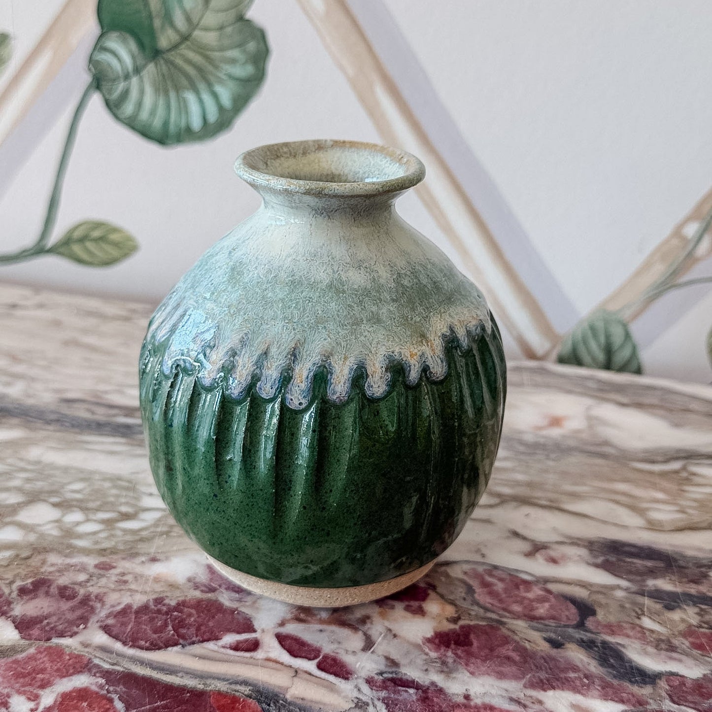 Signed Blue and Green Pottery Bud Vase