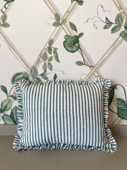 Green Stripe Ruffled Pillow