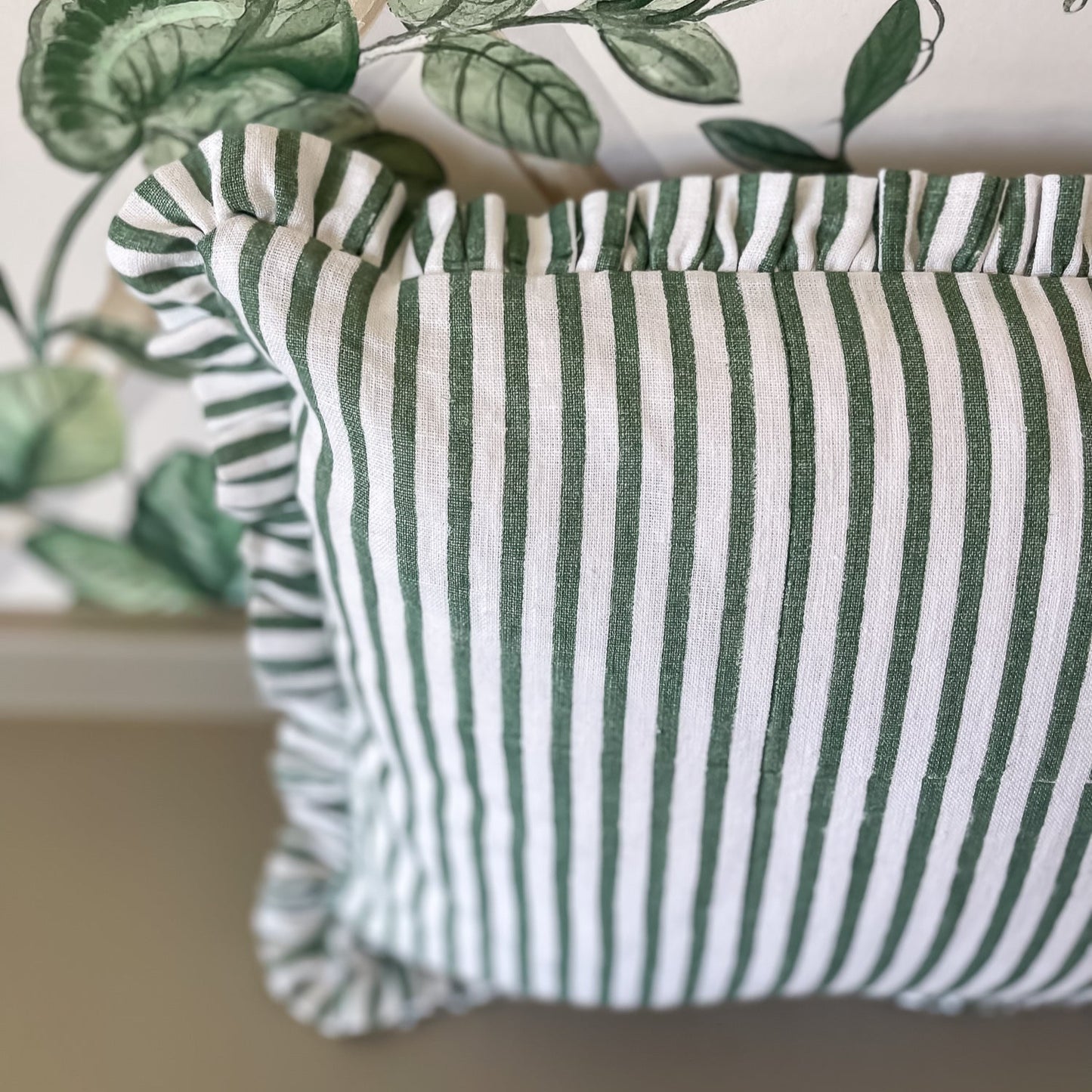 Green Stripe Ruffled Pillow