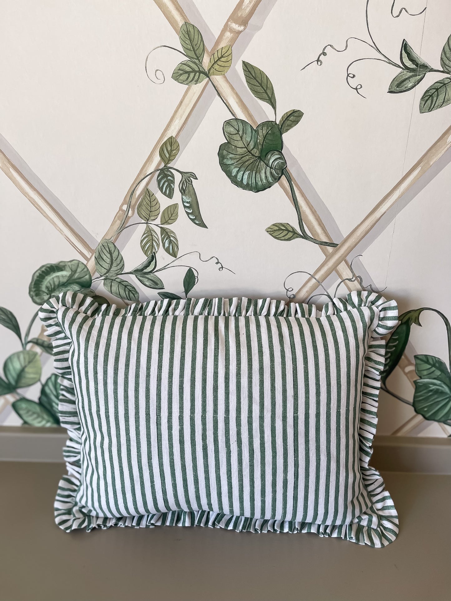 Green Stripe Ruffled Pillow