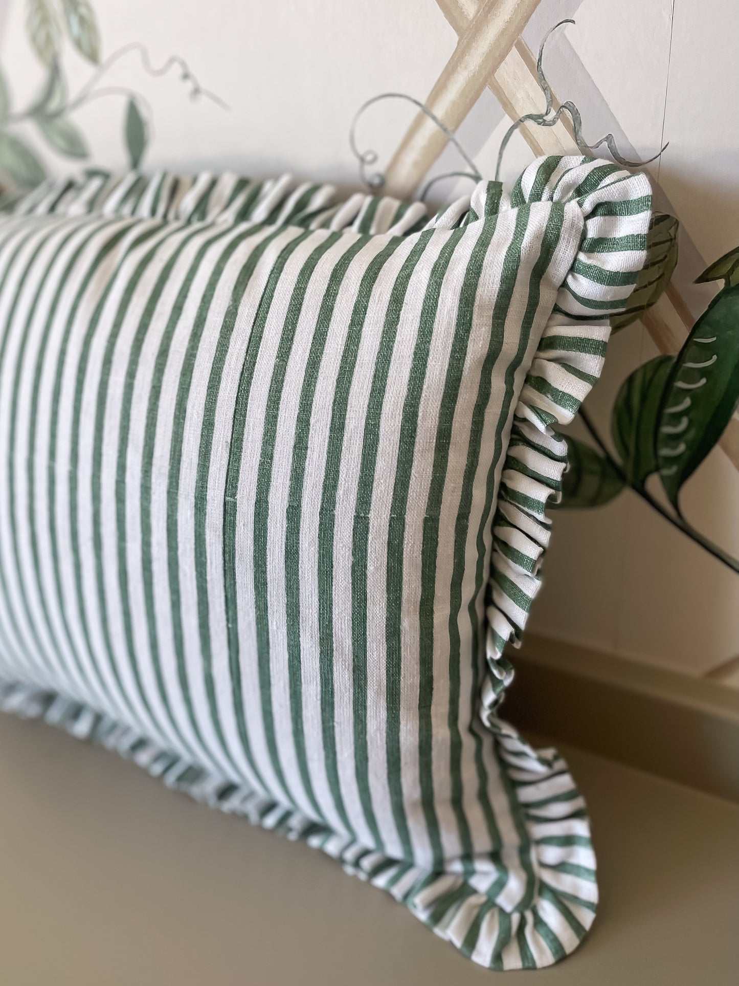 Green Stripe Ruffled Pillow