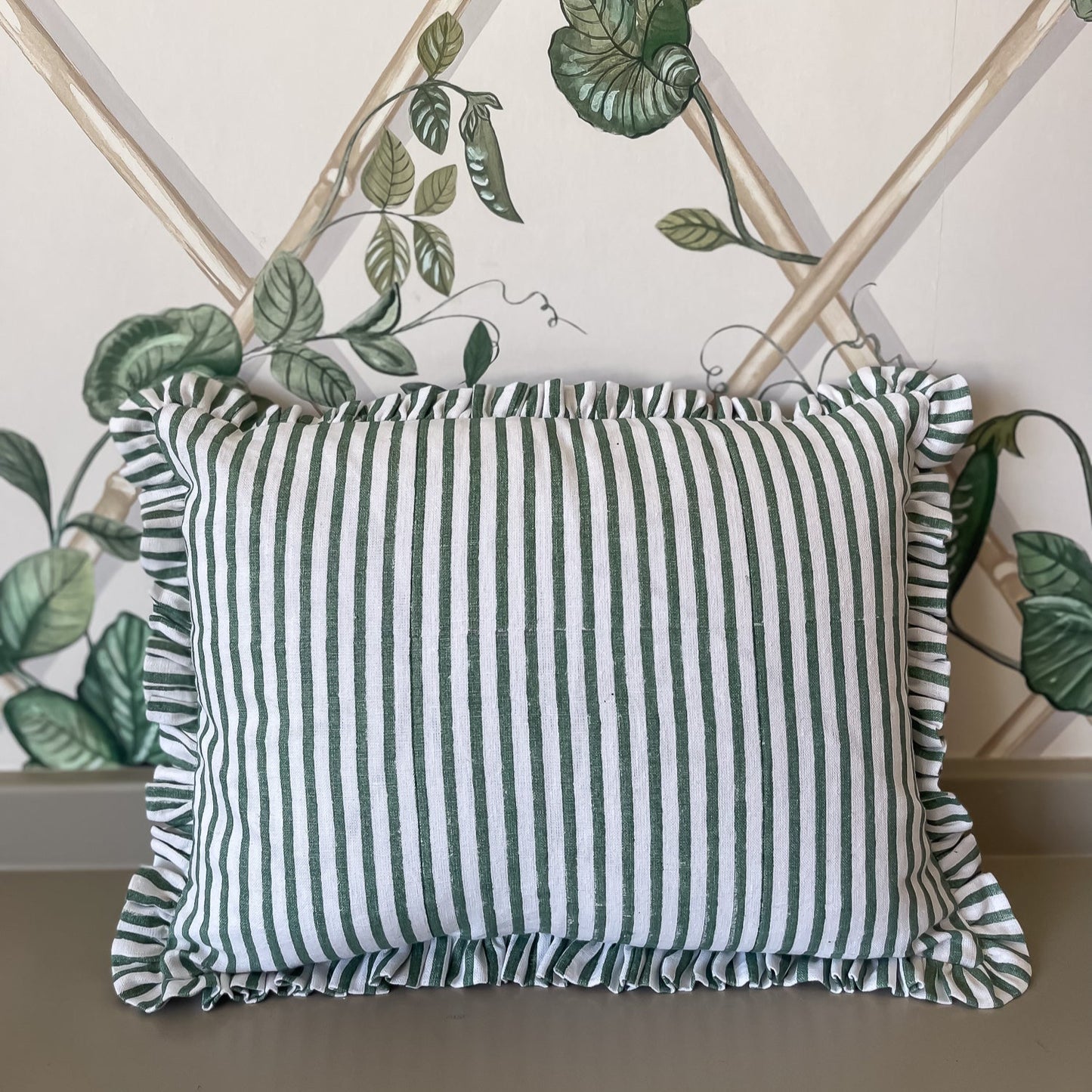 Green Stripe Ruffled Pillow