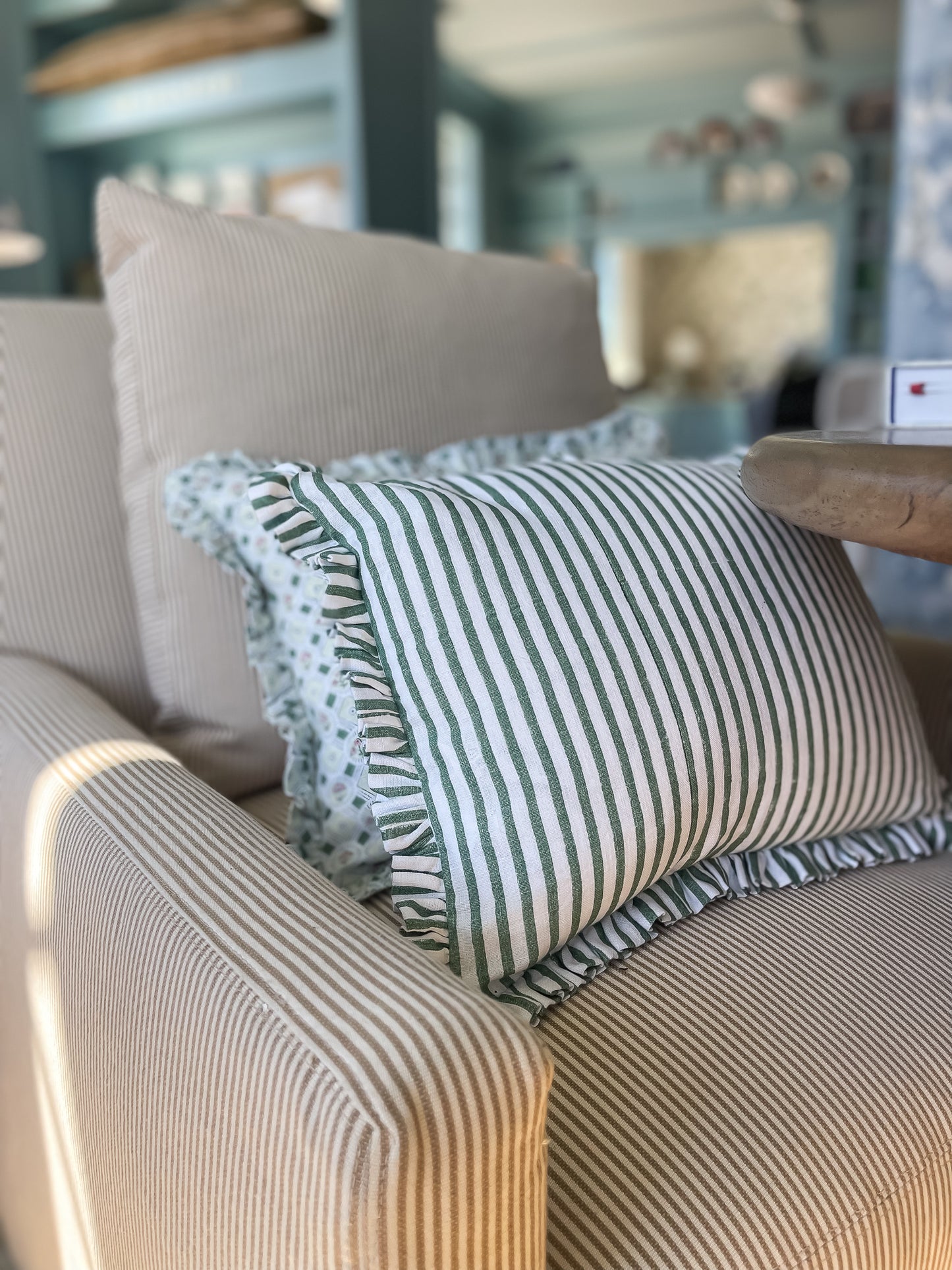 Green Stripe Ruffled Pillow