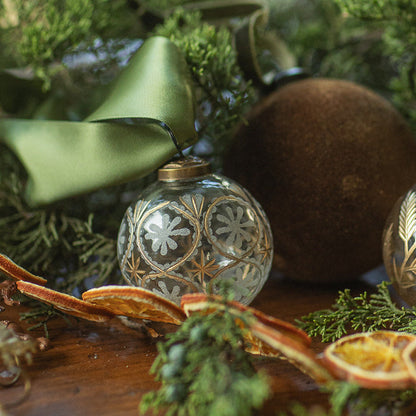 Glass Ornament with Etched Flowers