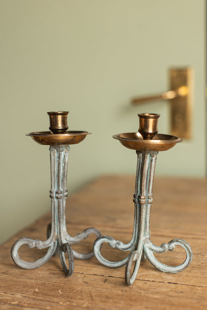 Vintage Iron & Brass Candlesticks, Set of 2