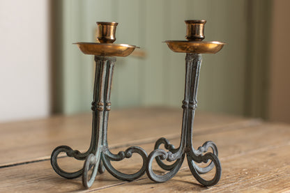 Vintage Iron & Brass Candlesticks, Set of 2