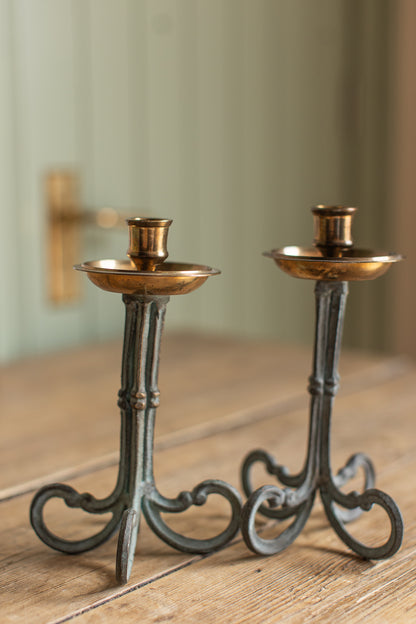 Vintage Iron & Brass Candlesticks, Set of 2