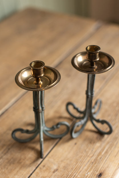 Vintage Iron & Brass Candlesticks, Set of 2