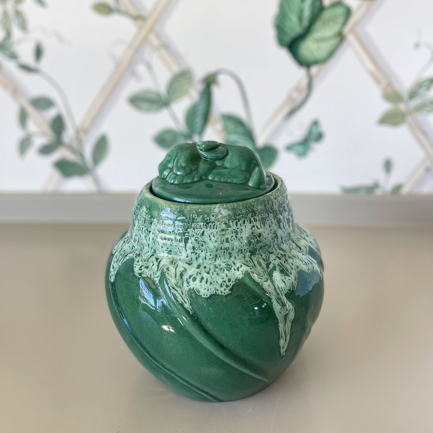 Green Glaze Jar with Sleeping Puppy Lid