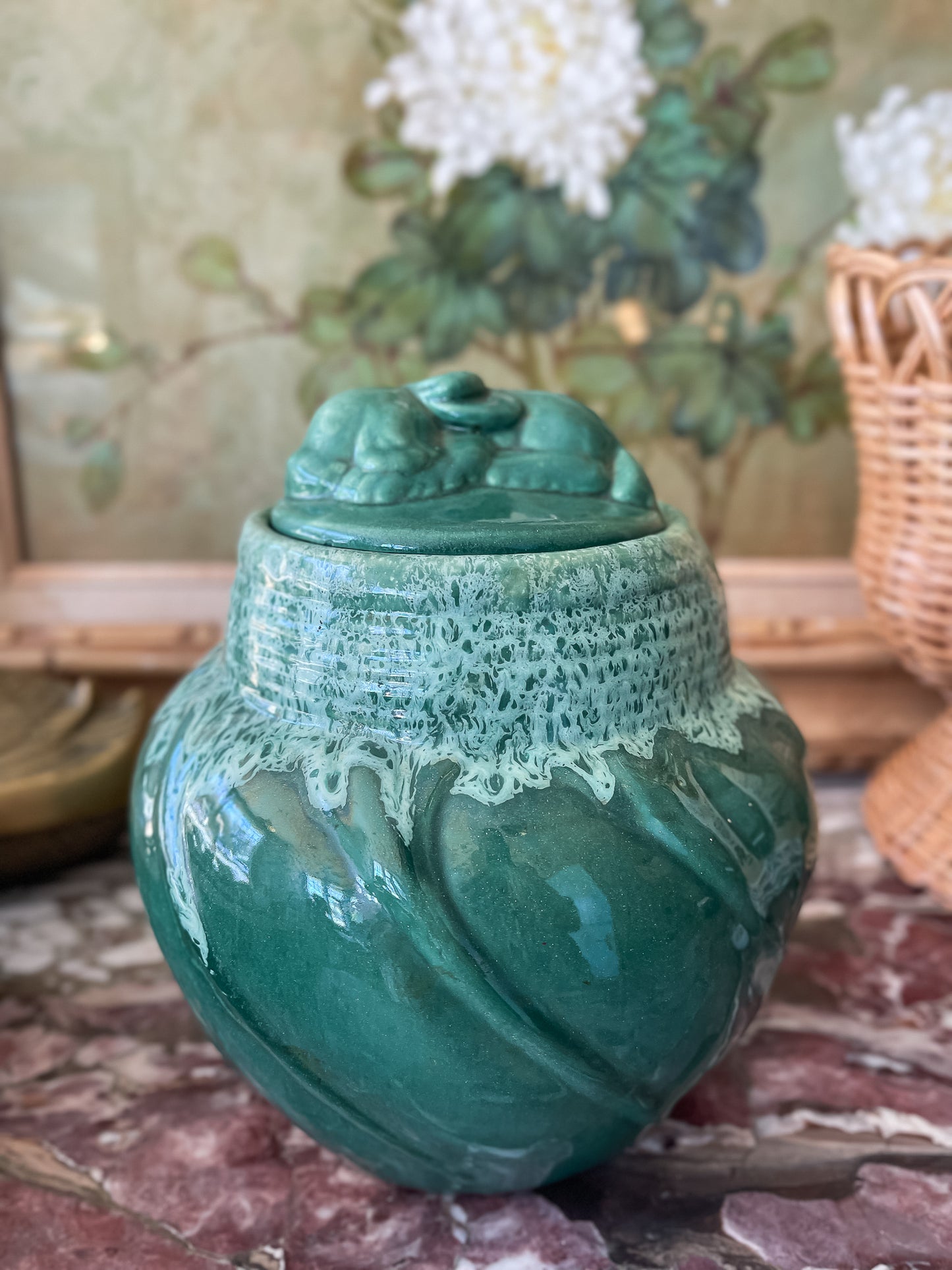 Green Glaze Jar with Sleeping Puppy Lid