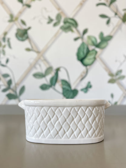 Vintage Japanese White Ceramic Planter – Quilted Lattice Design