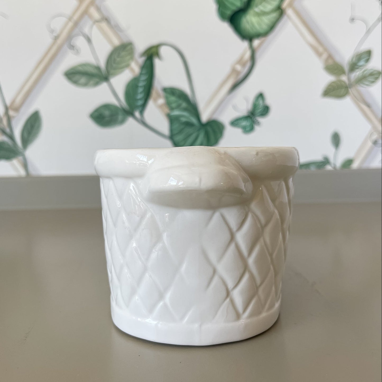 Vintage Japanese White Ceramic Planter – Quilted Lattice Design