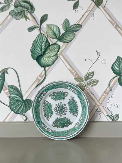 Antique Green & White Hand-Painted Plate