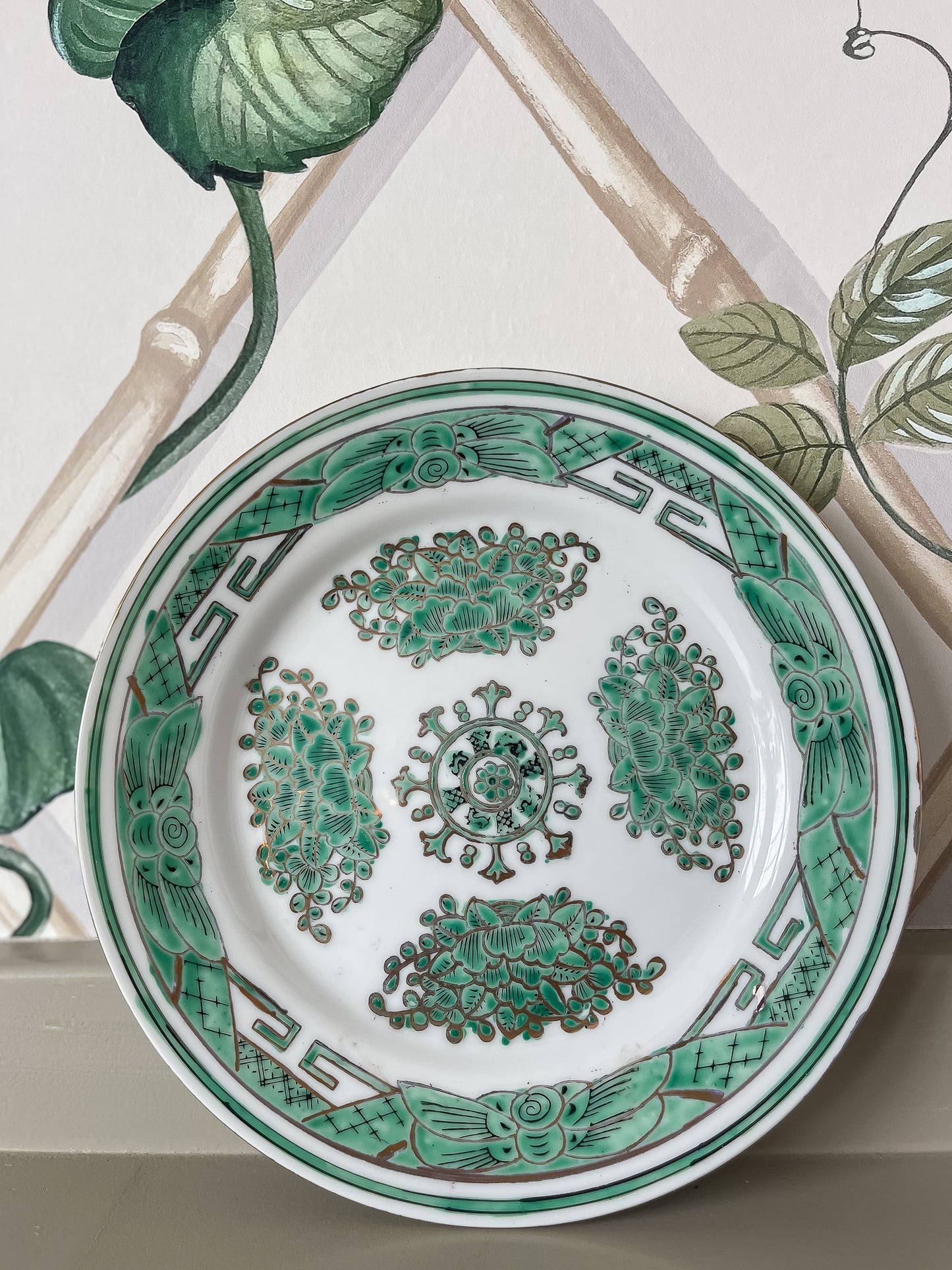 Antique Green & White Hand-Painted Plate