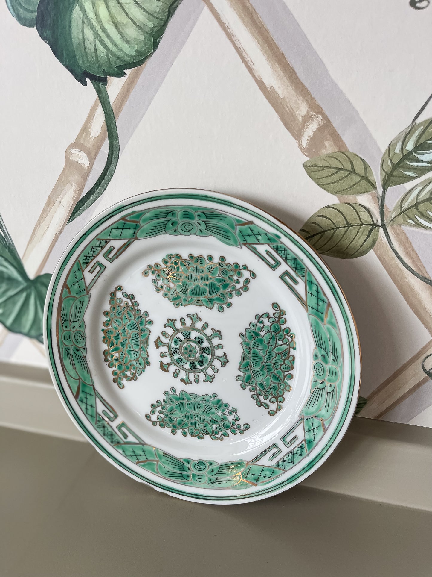 Antique Green & White Hand-Painted Plate