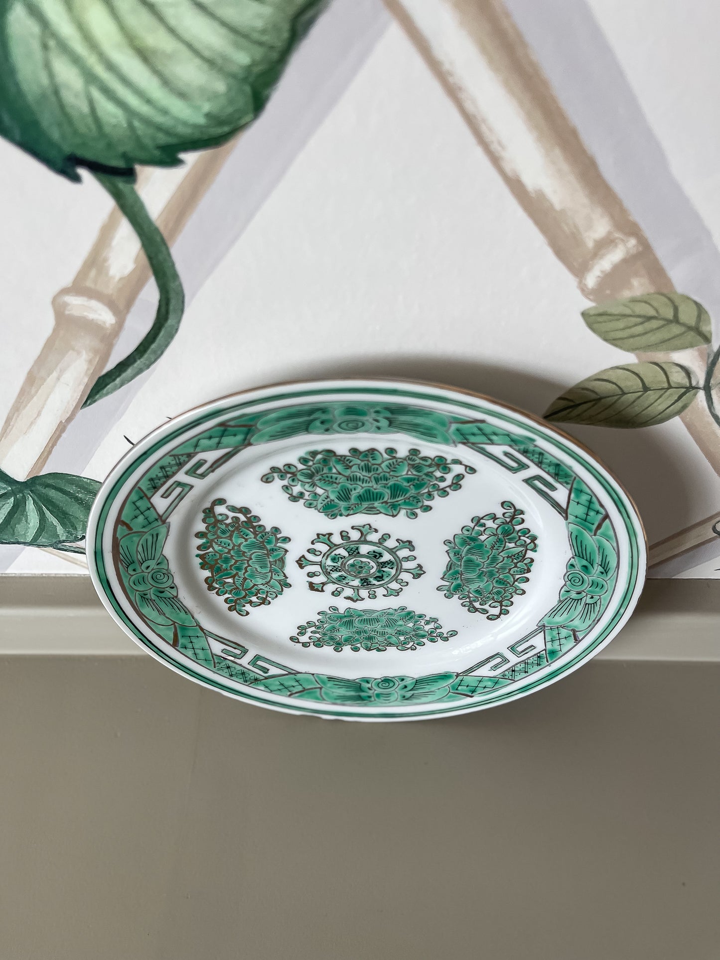 Antique Green & White Hand-Painted Plate