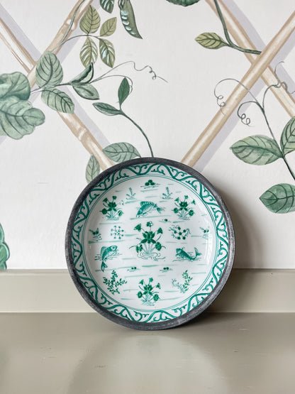 Hand-Painted Green & White Porcelain Dish with Metal Rim