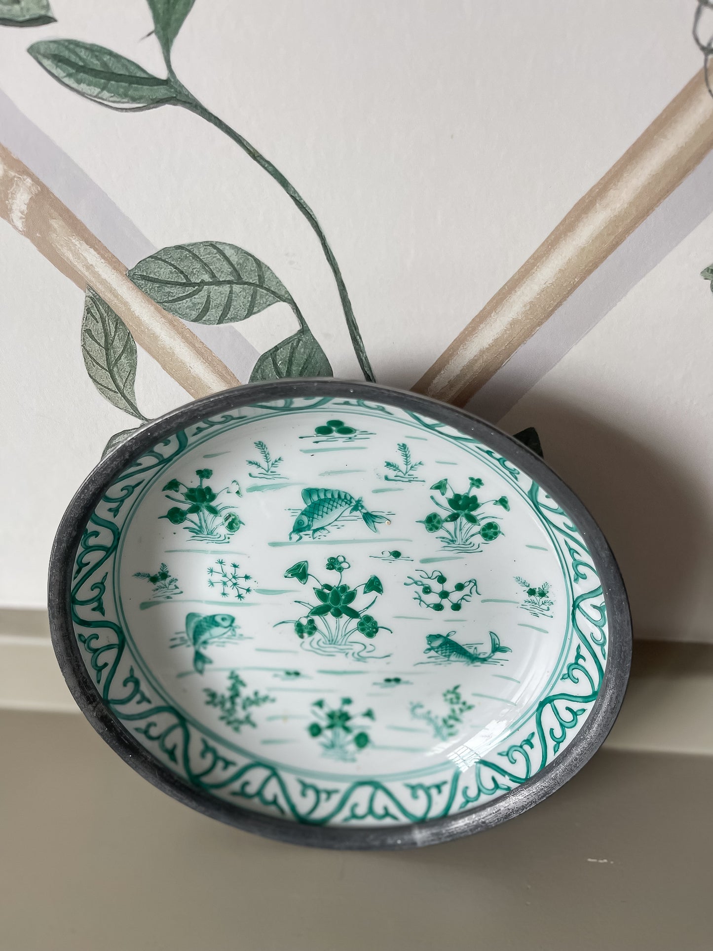 Hand-Painted Green & White Porcelain Dish with Metal Rim