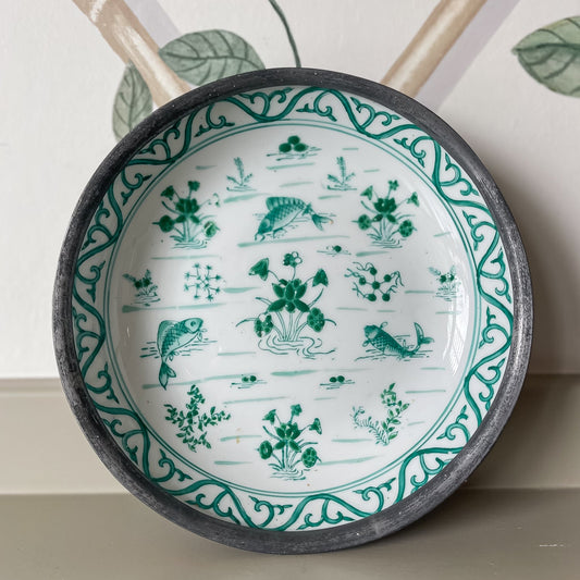 Hand-Painted Green & White Porcelain Dish with Metal Rim