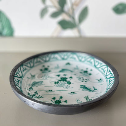 Hand-Painted Green & White Porcelain Dish with Metal Rim