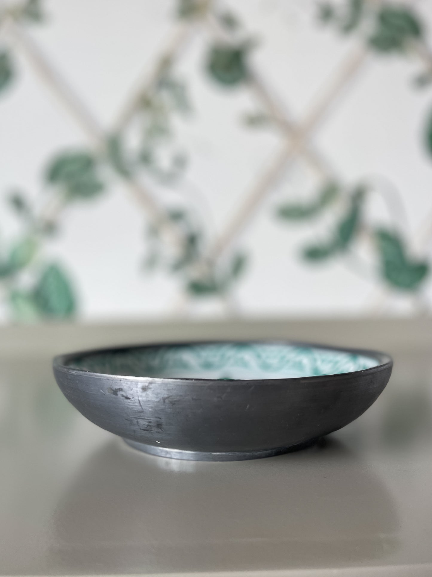 Hand-Painted Green & White Porcelain Dish with Metal Rim