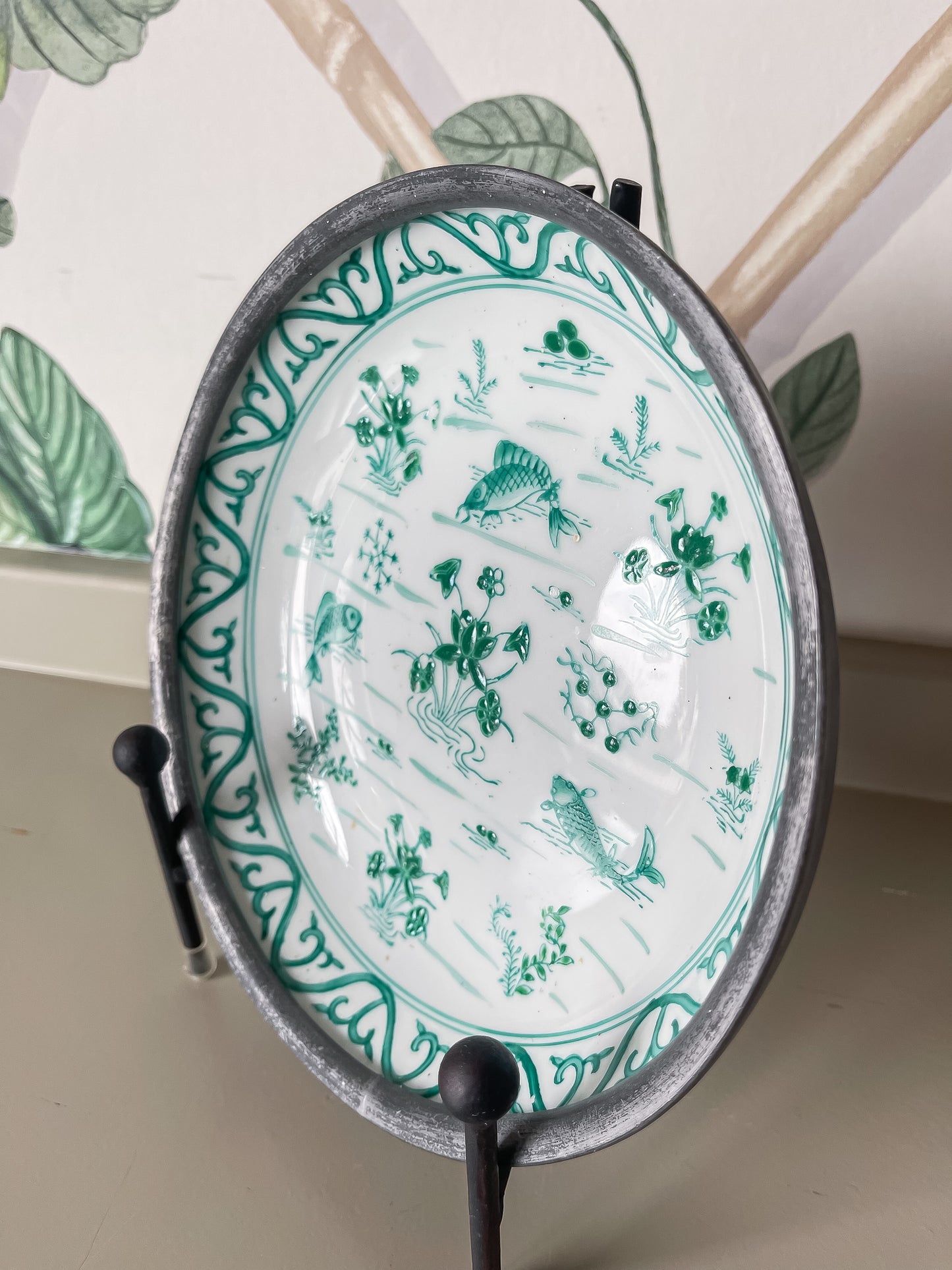 Hand-Painted Green & White Porcelain Dish with Metal Rim