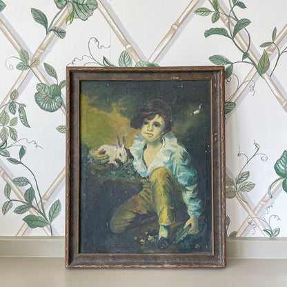 Framed Vintage Painting of a Boy with Rabbit