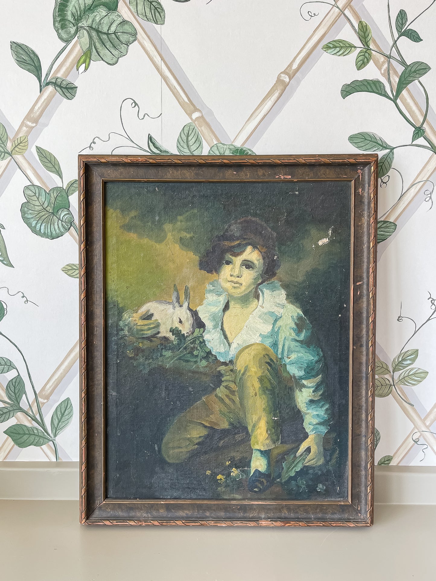 Framed Vintage Painting of a Boy with Rabbit