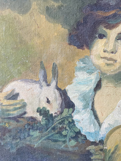 Framed Vintage Painting of a Boy with Rabbit