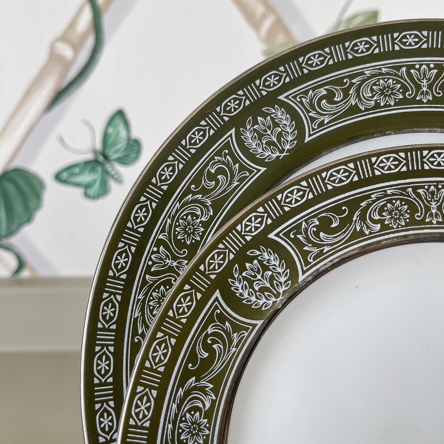 Vintage Olive & White Gilded Plates