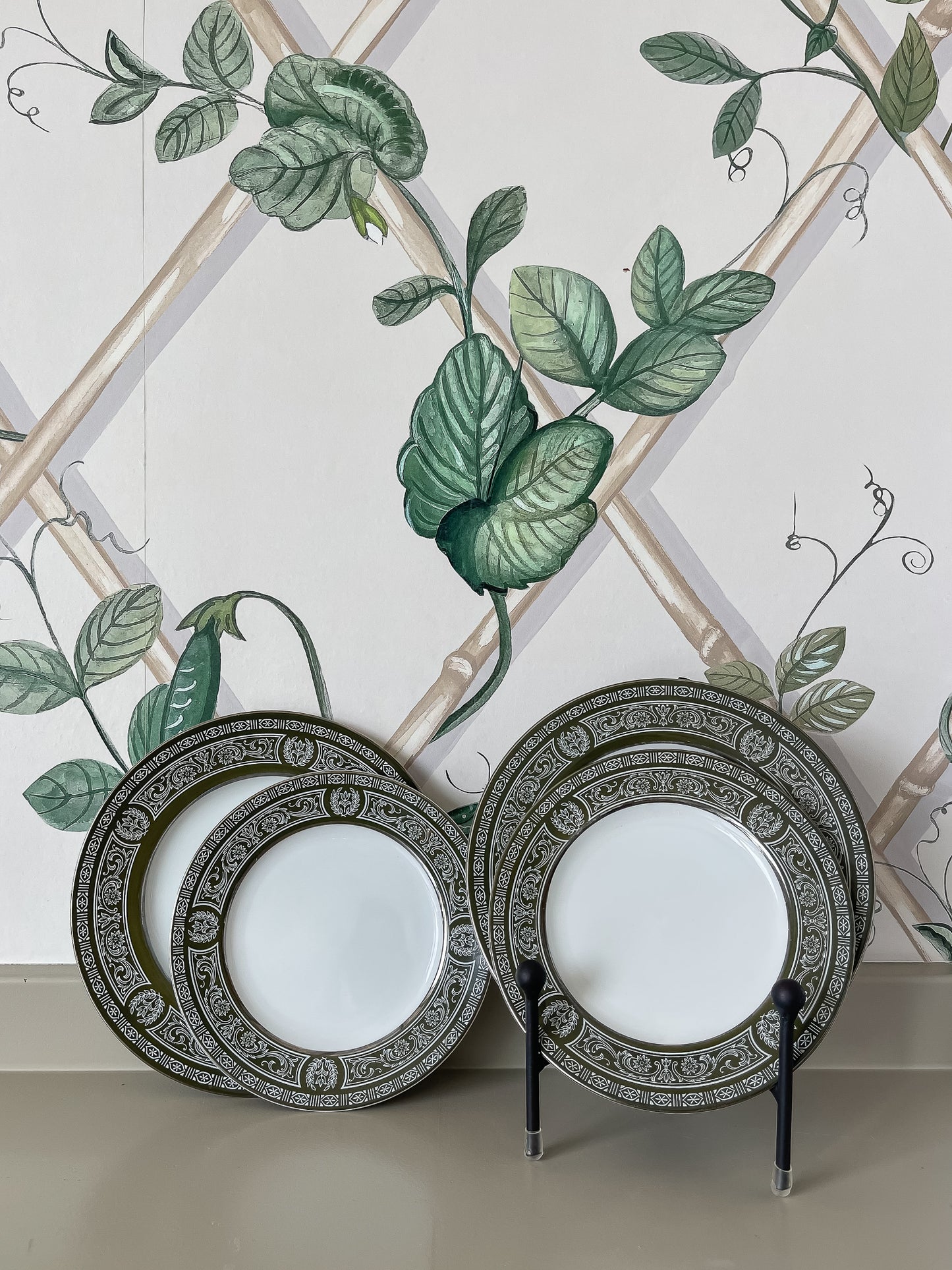 Vintage Olive & White Gilded Plates