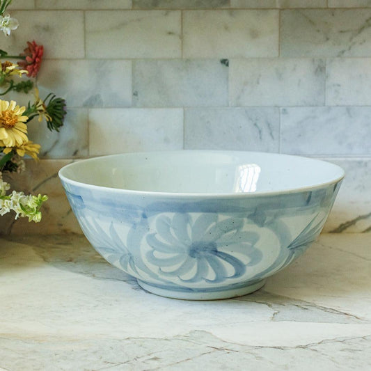 Large Hand-Painted Blue and White Stoneware Bowl