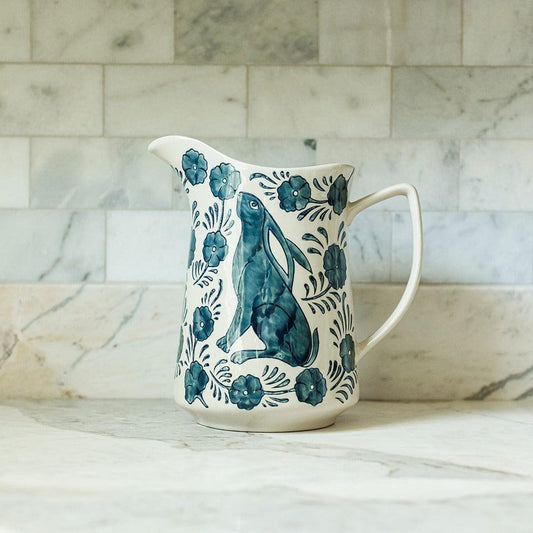 Hand-Painted Rabbit Stoneware Pitcher