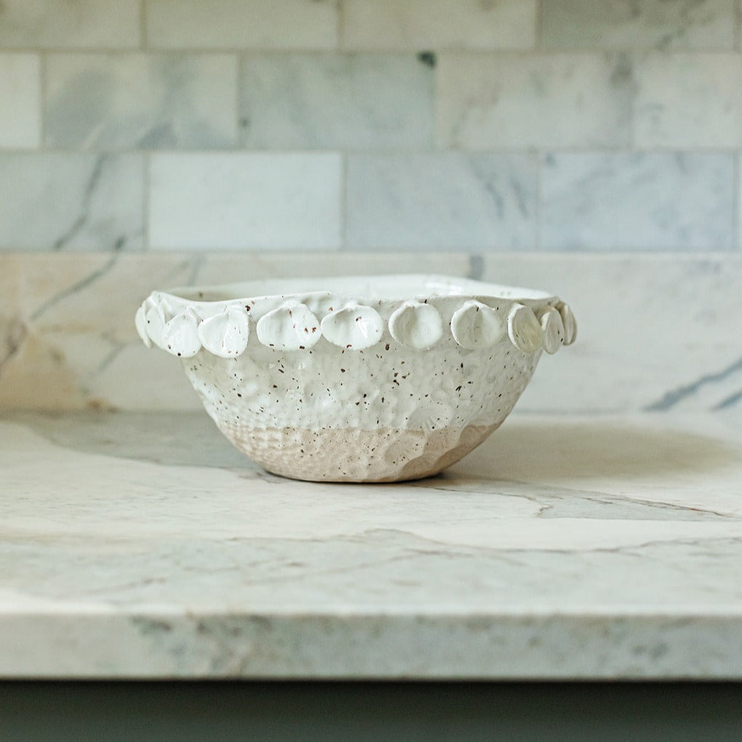 Glazed Stoneware Bowl, Shell Trim