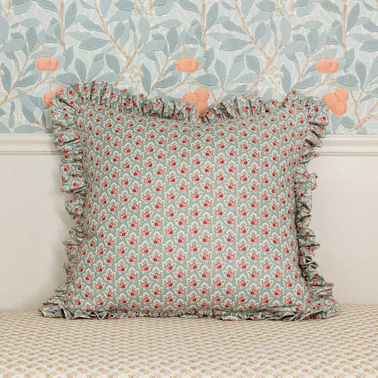 Blue & Pink Block Print Pillow with Ruffle