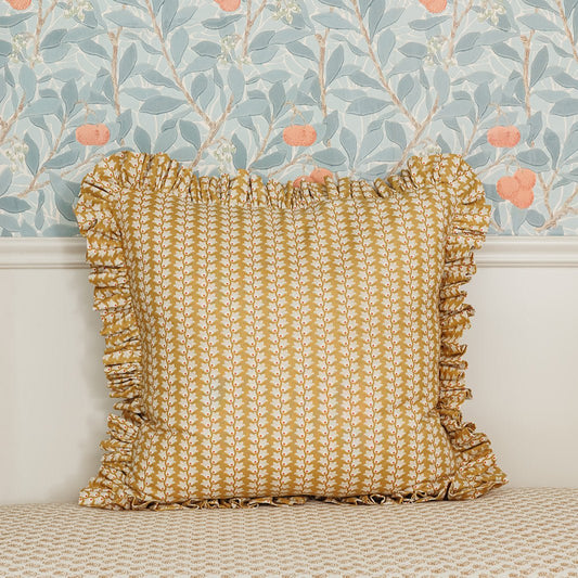 Gold Ruffle Pillow with Gray Pattern Stripe