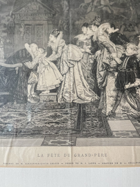 Framed La Fête du Grand-Père” – Antique 19th-Century French Engraving