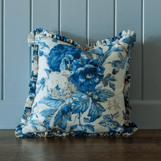 blue floral ruffle pillow oakstreet shoppe