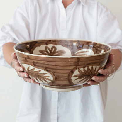 Large Hand-Painted Brown and White Stoneware Bowl