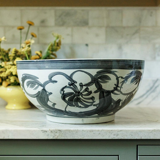 large black white bowl handpainted