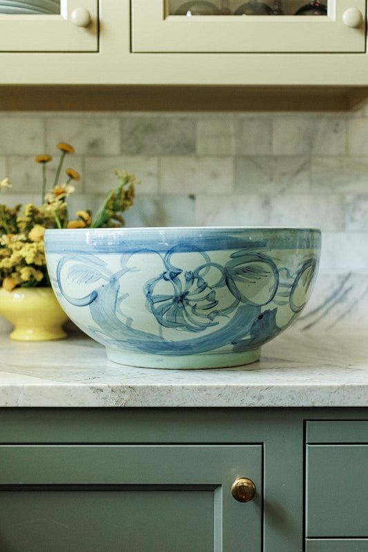 handpainted floral bowl blue and white large ceramic oversized oakstreet shoppe