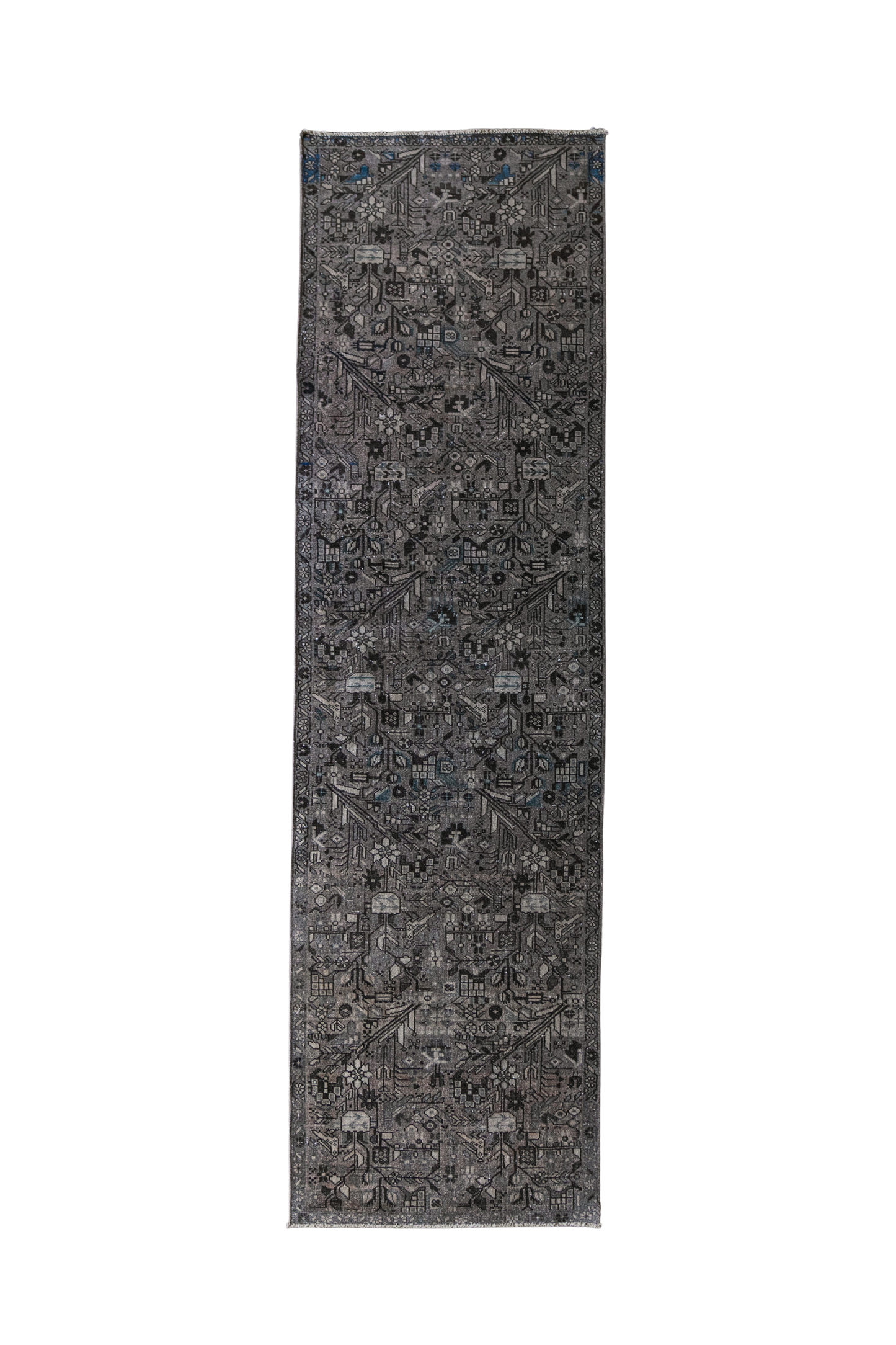 Antique Persian (3x9) Charcoal & Slate Floral Hand-Knotted Wool Runner