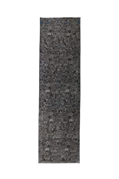 Antique Persian (3x9) Charcoal & Slate Floral Hand-Knotted Wool Runner