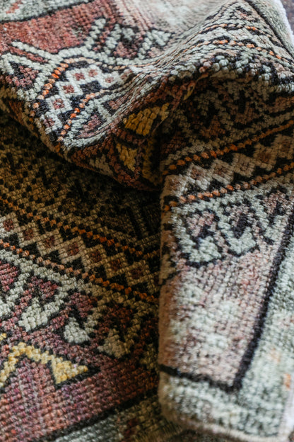 Vintage Persian (1x3) Dusty Rose, Sage & Gold Hand-Knotted Wool Mat