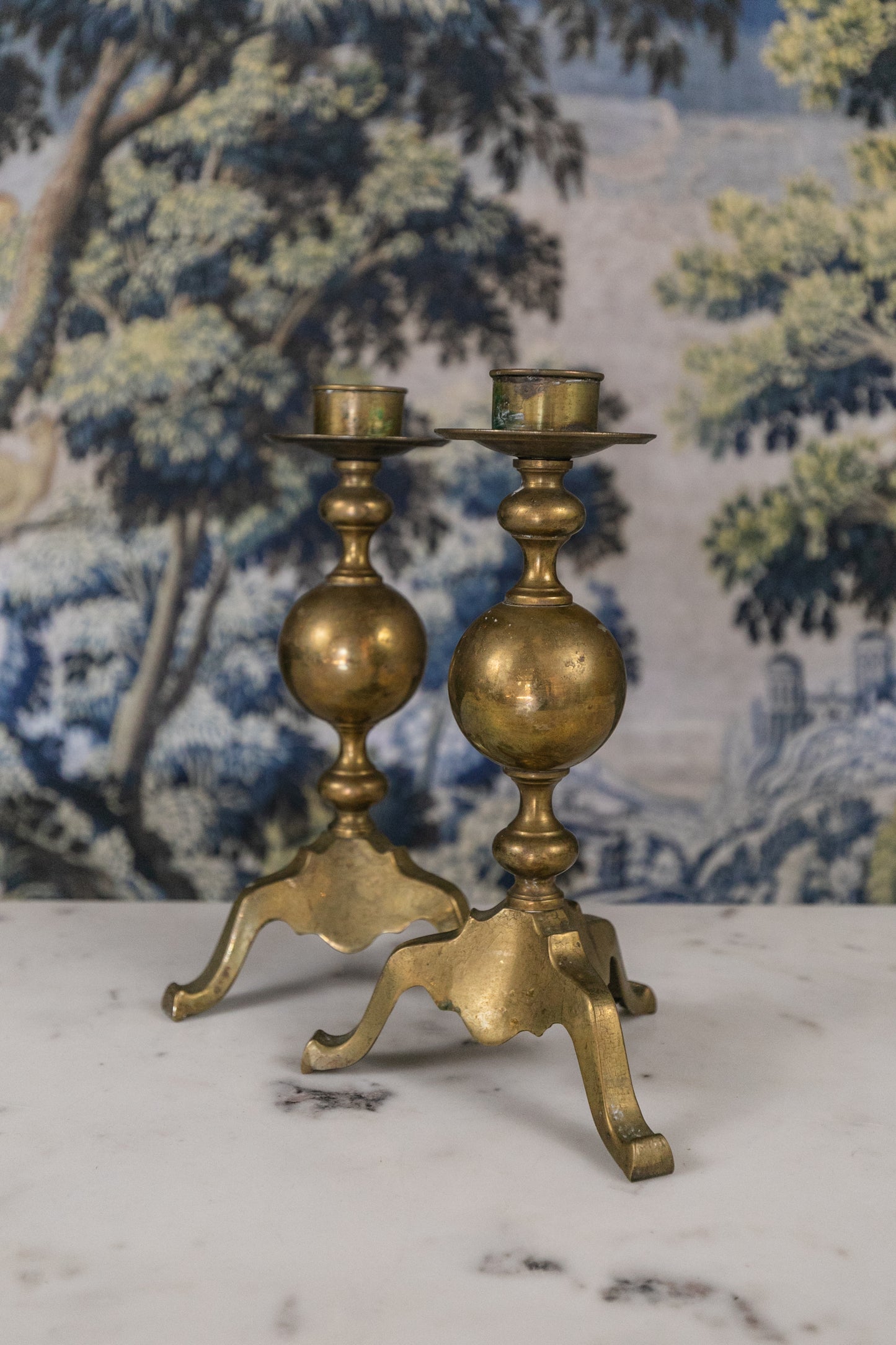 Brass Footed Candlesticks, Pair